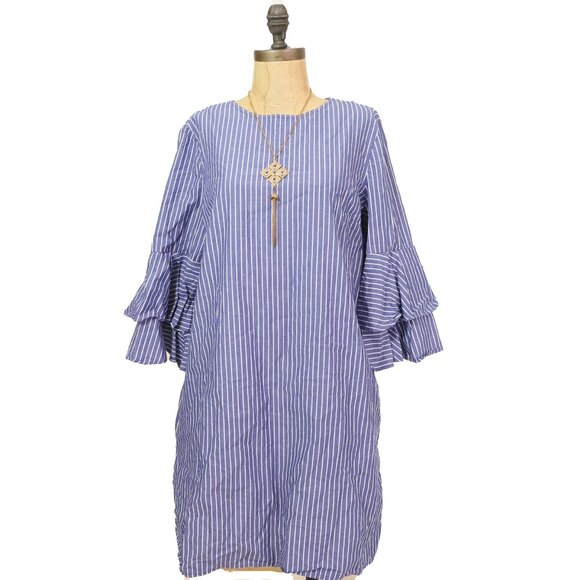 Beach Lunch Lounge Shift Dress M Bell Sleeve Striped Blue White EUC $169 B62 - Picture 3 of 7
